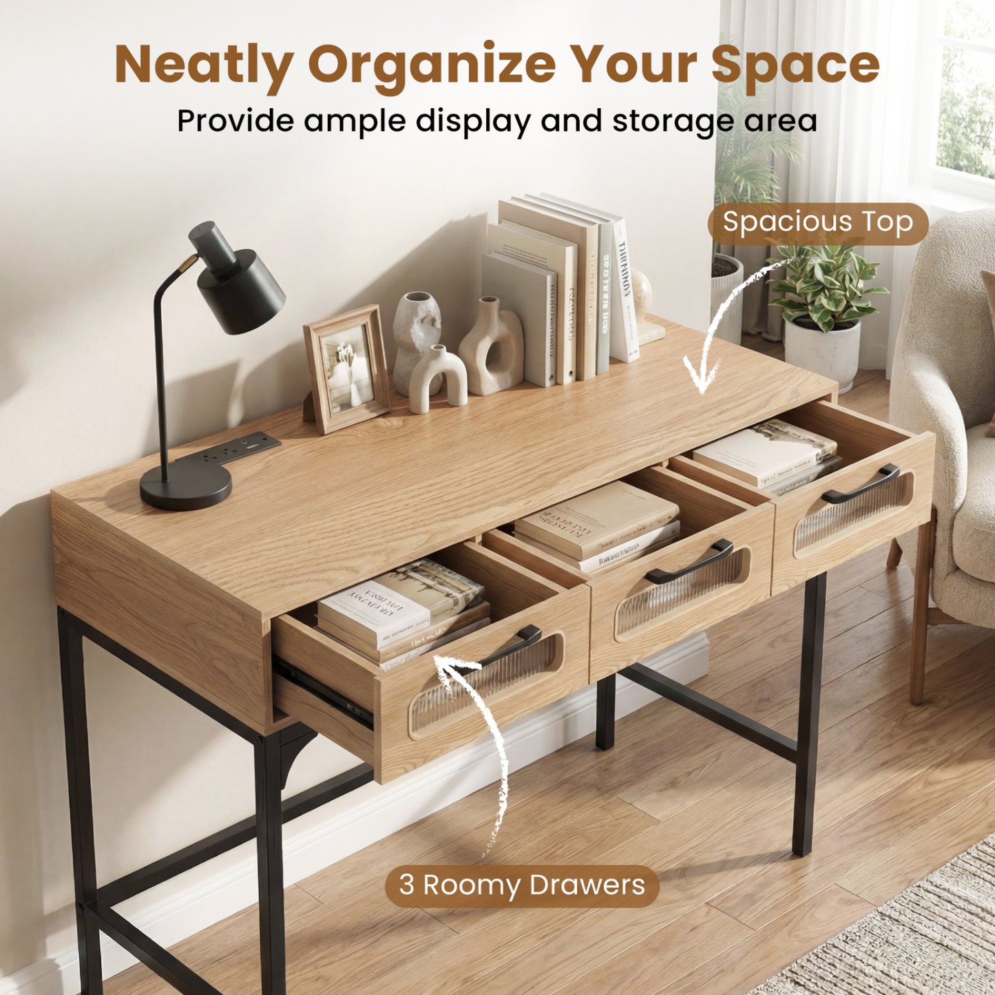 Console Table With LED Lighting & Charging Station, Natural Console Tables at Gallery Canada
