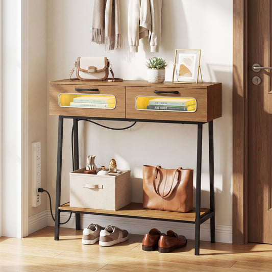 Console Table with LED Lights, Open Shelf, Natural Console Tables Natural at Gallery Canada