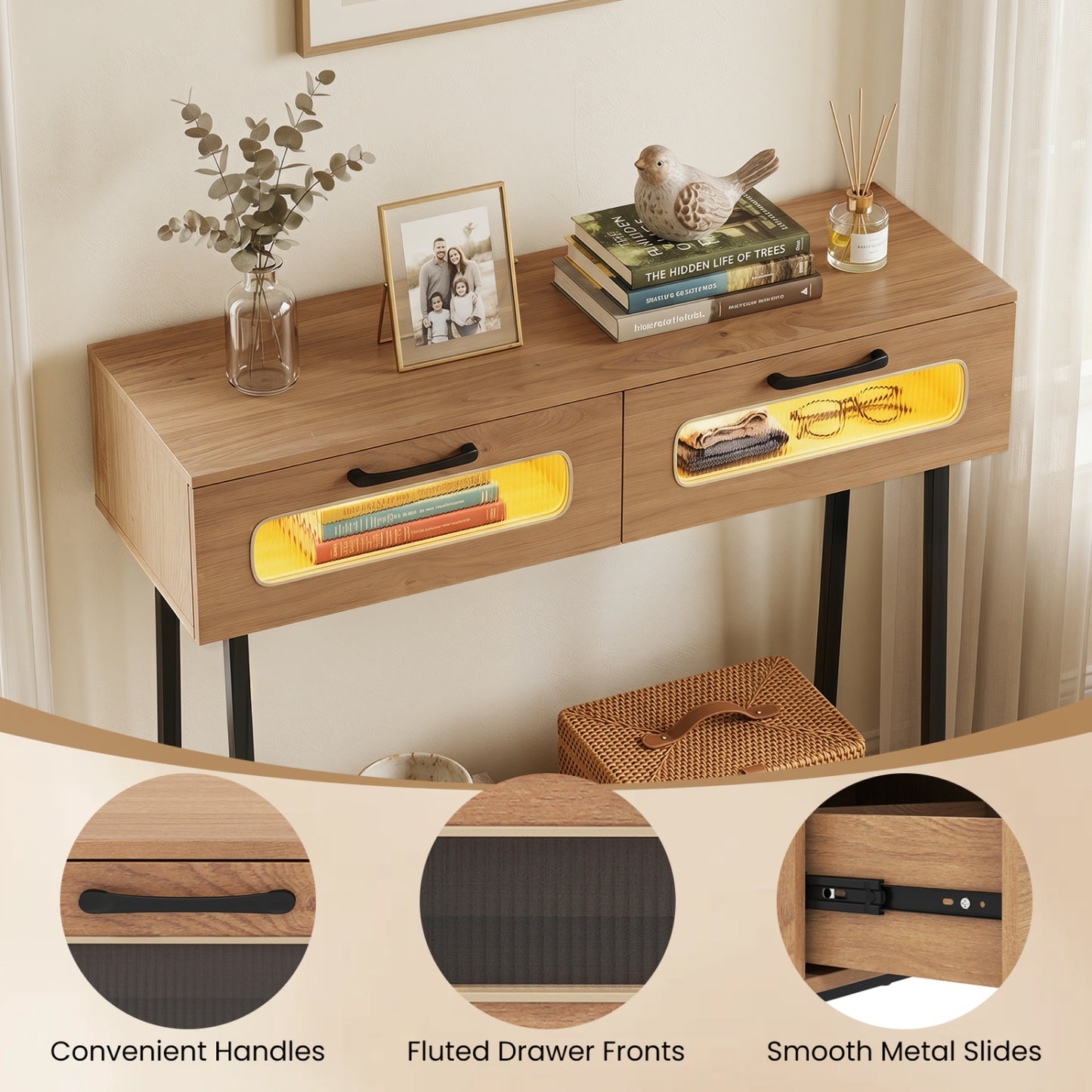 Console Table with LED Lights, Open Shelf, Natural