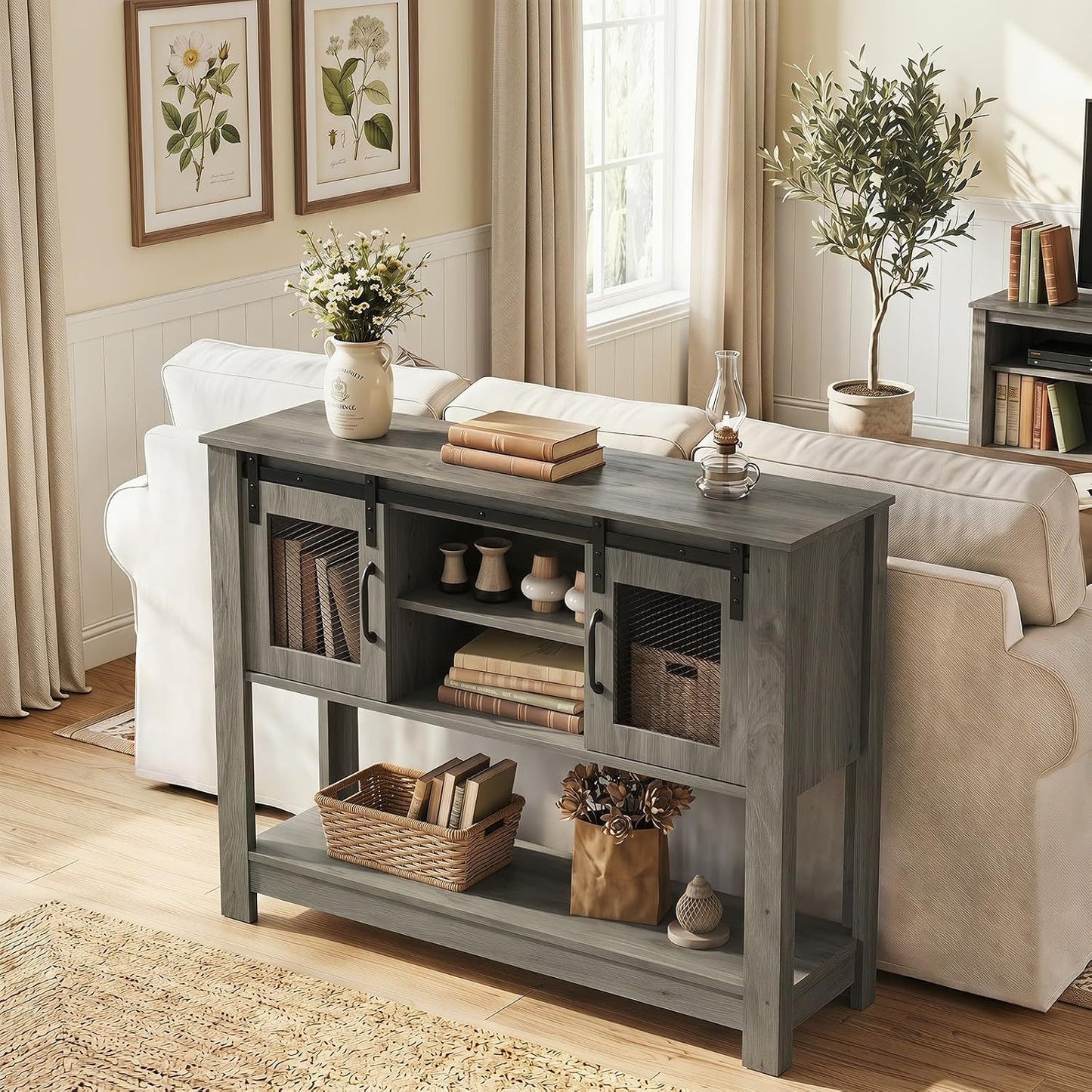Console Table With Sliding Barn Doors, Gray