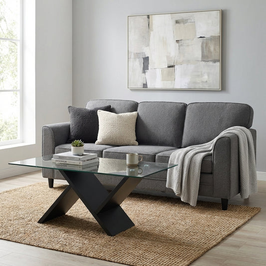 Modern 3-Seat Teddy Velvet Sofa, 47-Inch Glass Coffee Table Living Room Options at Gallery Canada