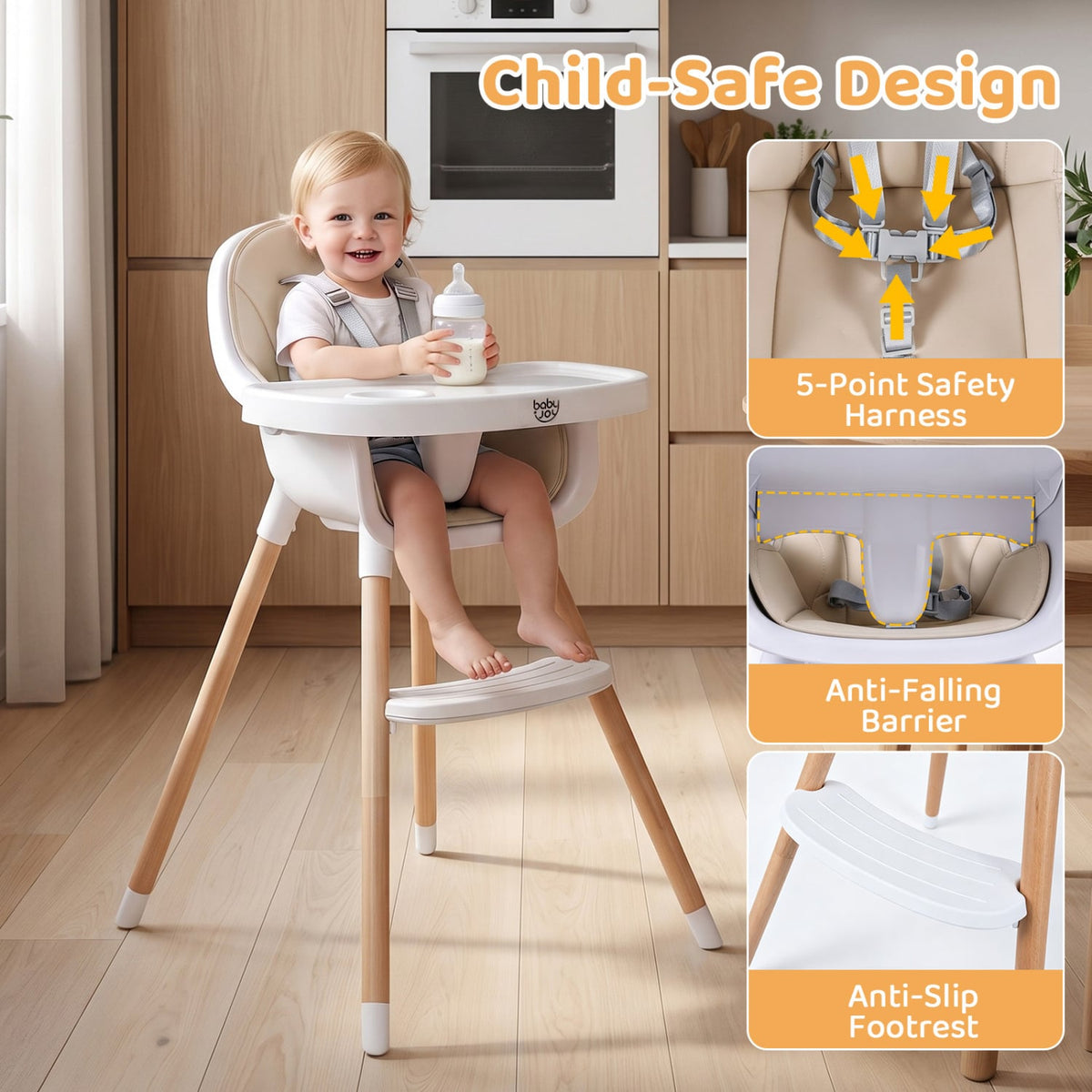 Convertible High Chair With 5-Point Harness For Babies, Toddlers, Beige