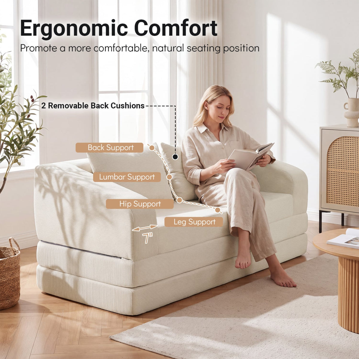 Corduroy Loveseat Sleeper Sofa, 2 Back Cushions, Living Room, Beige
