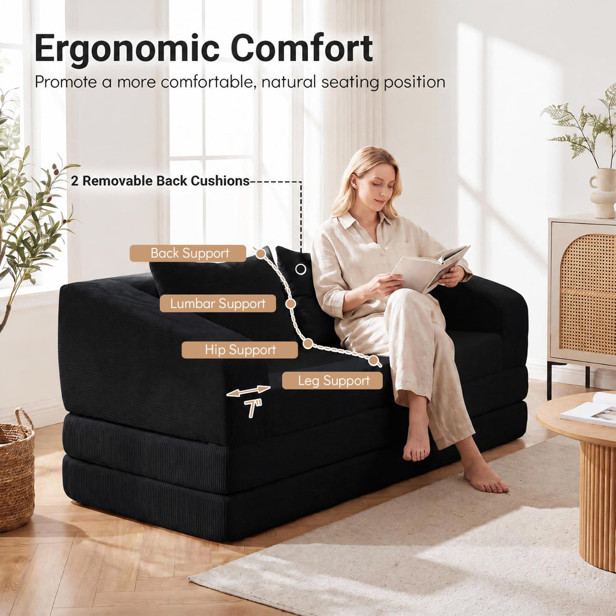Corduroy Loveseat Sleeper Sofa, Living Room Bedroom, Black
