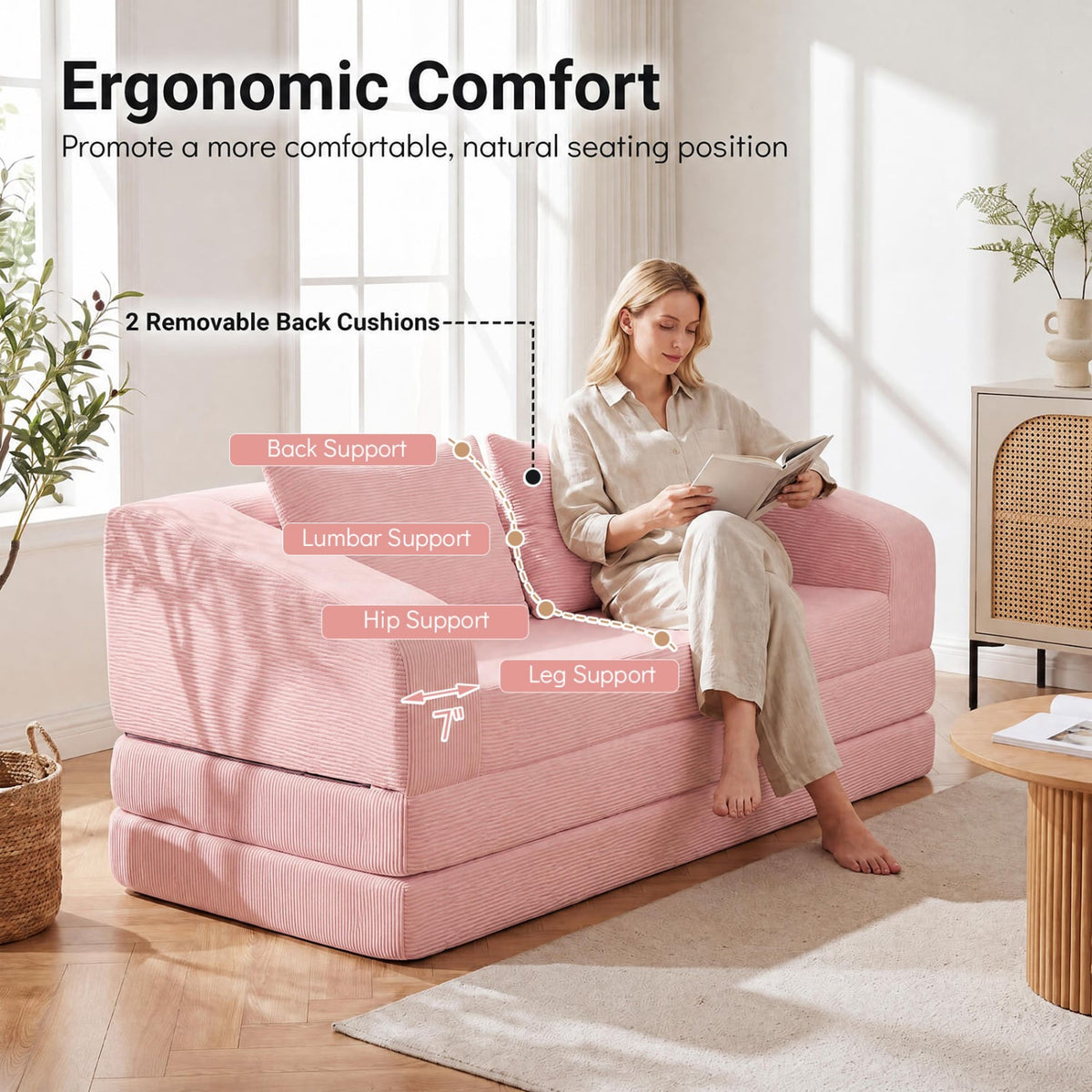 Corduroy Loveseat Sleeper Sofa with 2 Cushions, Pink