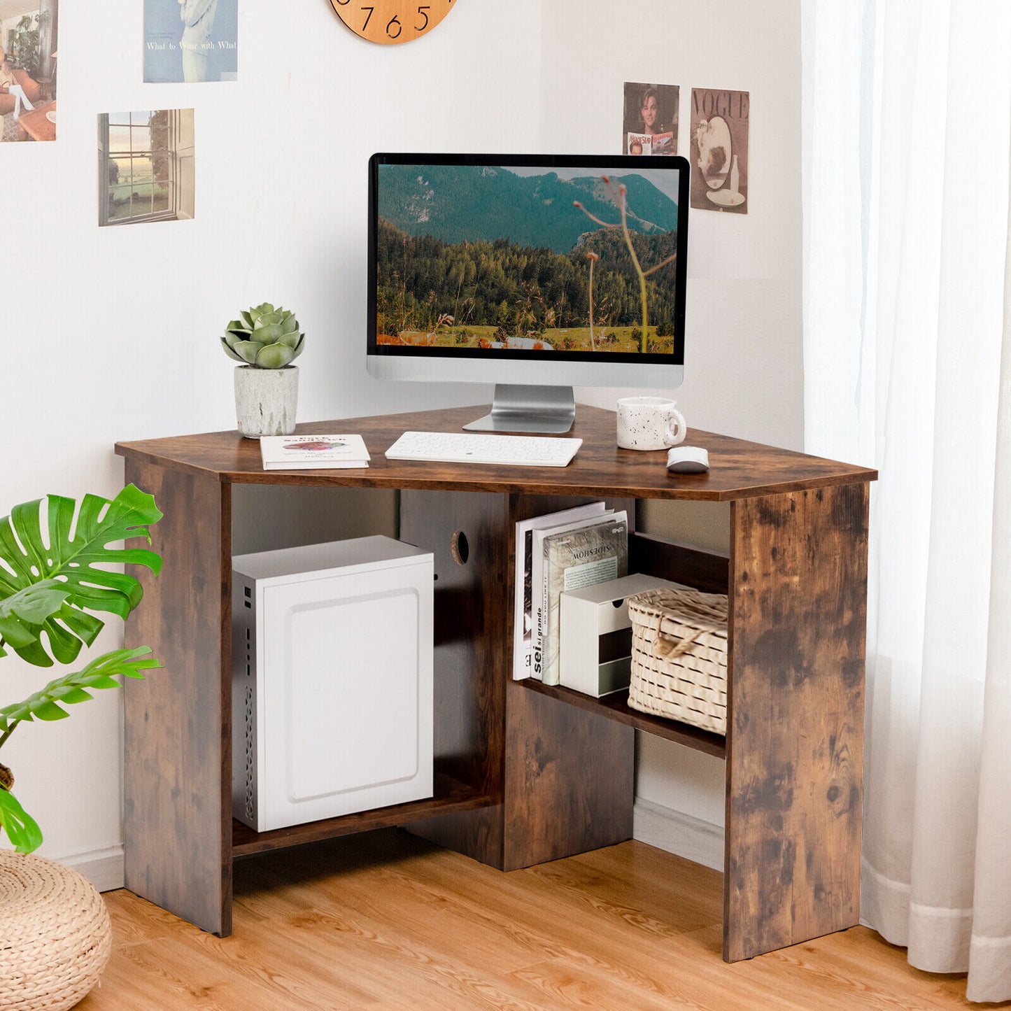 Corner Computer Desk, Triangle Writing Workstation, Storage Shelf, Brown Corner Desks at Gallery Canada