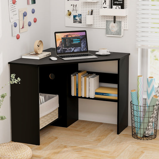 Corner Computer Desk, Triangle Writing Workstation, Storage Shelf, Black Corner Desks Black at Gallery Canada