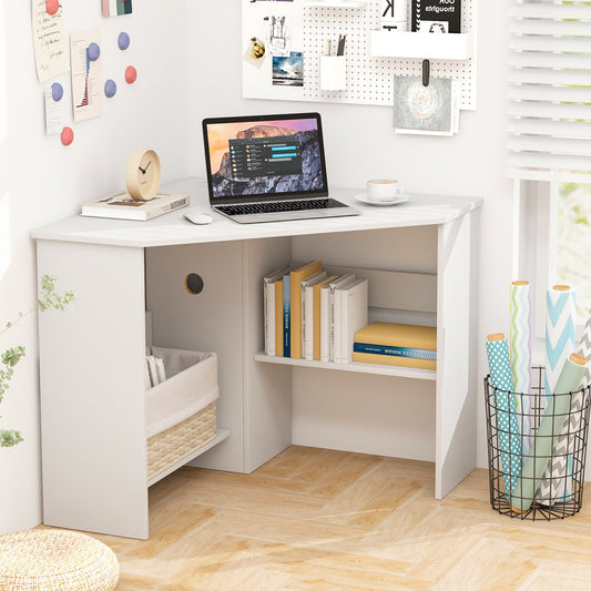 Corner Computer Desk, Triangle Writing Workstation, Storage Shelf, White Corner Desks White at Gallery Canada