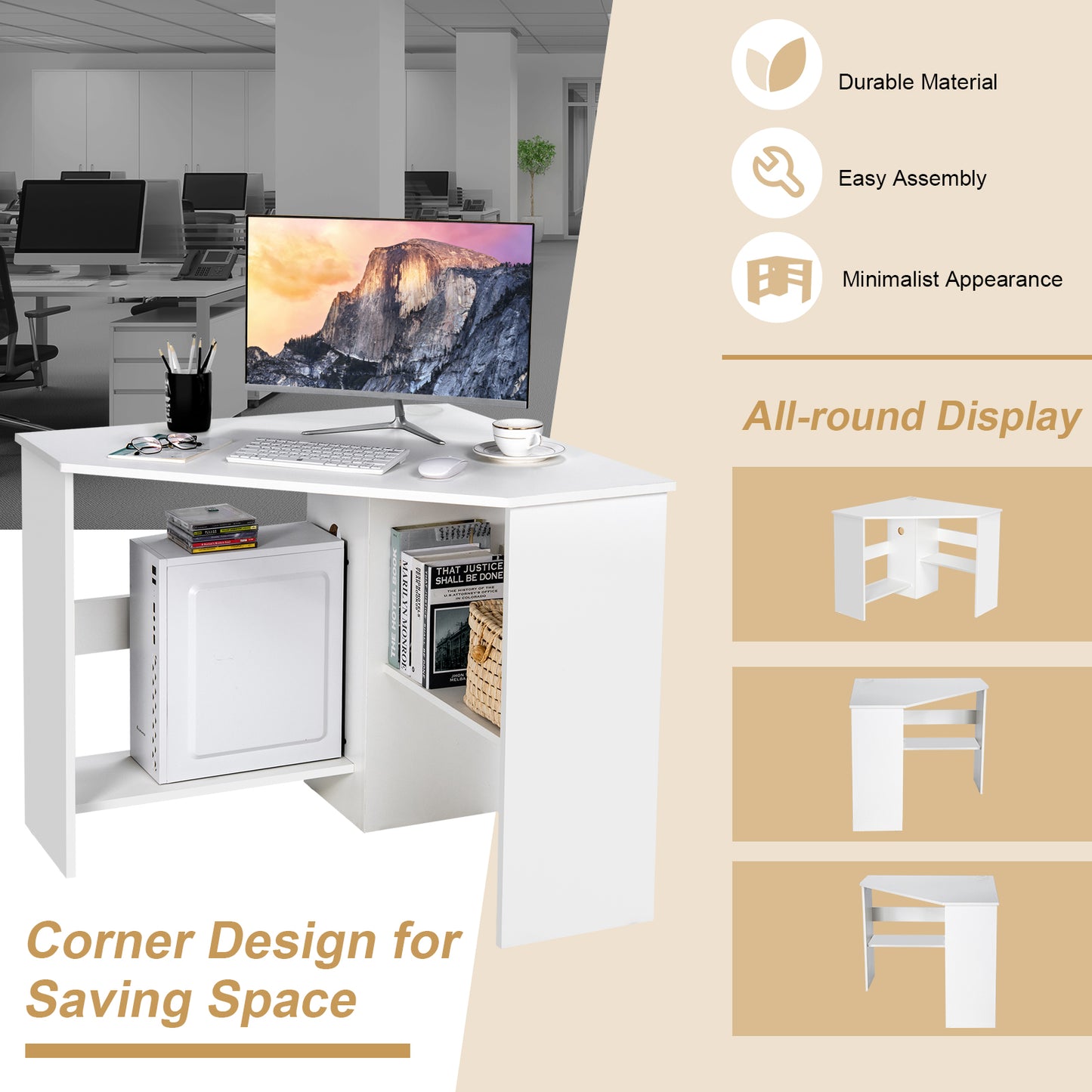 Corner Computer Desk, Triangle Writing Workstation, Storage Shelf, White Corner Desks at Gallery Canada