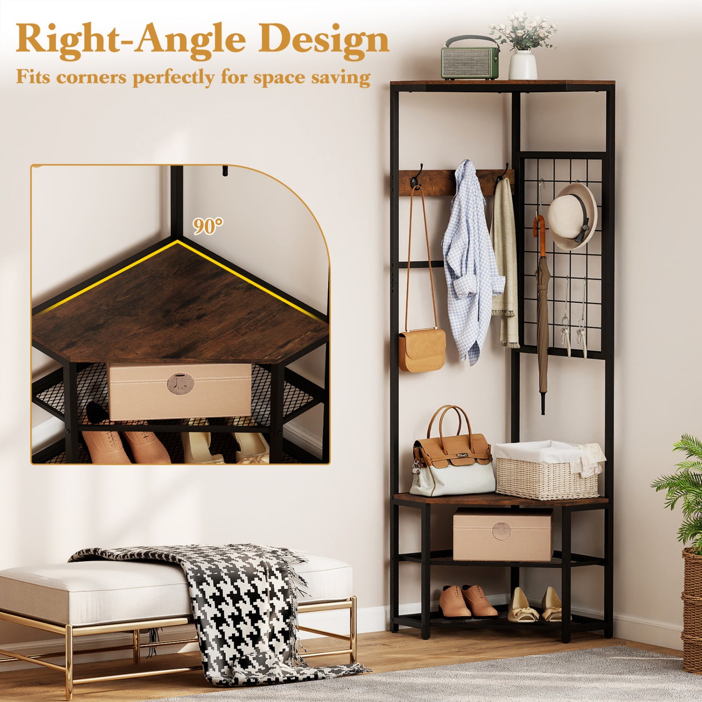 Corner Hall Tree Freestanding Coat Rack with Storage Shelves Removable Hooks, Brown Coat Racks & Hall Trees at Gallery Canada