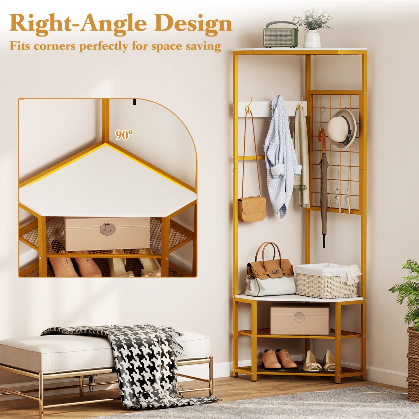 Corner Hall Tree Freestanding Coat Rack with Storage Shelves Removable Hooks, White Coat Racks & Hall Trees at Gallery Canada