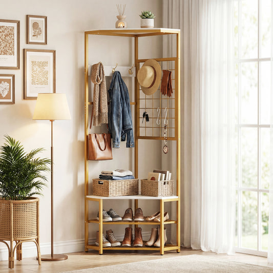 Corner Hall Tree Freestanding Coat Rack with Storage Shelves Removable Hooks, White Coat Racks & Hall Trees White at Gallery Canada