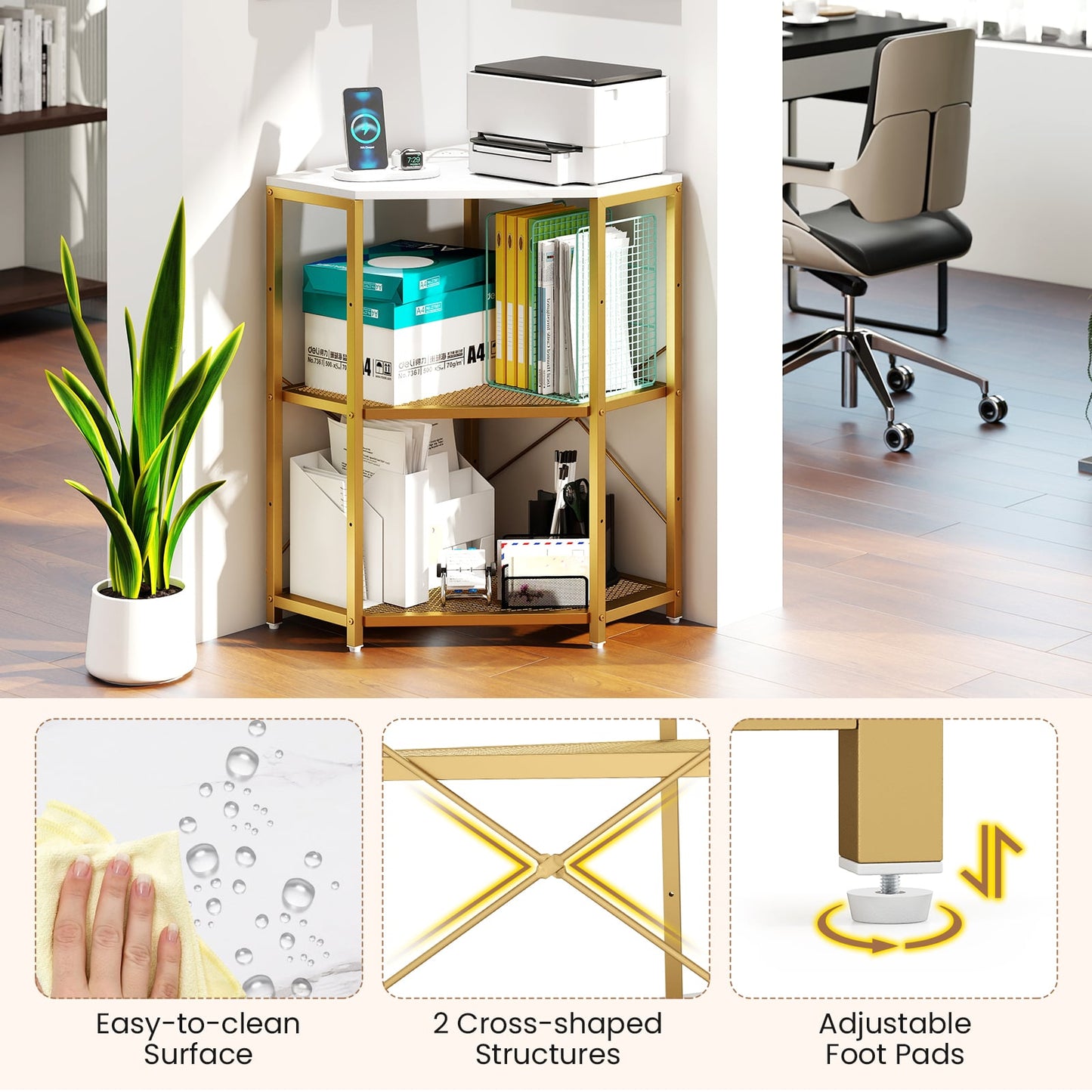 Corner Printer Stand, 3-Tier Storage Rack, Adjustable Shelf, White Laptop Tables & Printer Stands at Gallery Canada