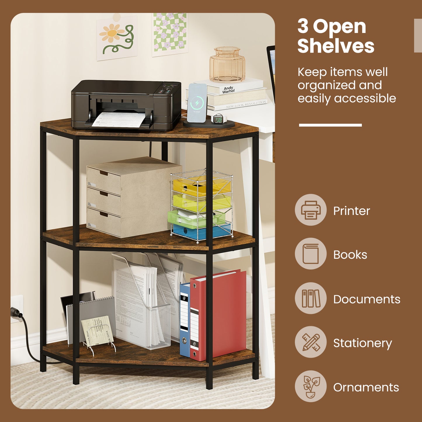Corner Printer Stand 3-Tier Corner Shelf with Charging Station and Metal Frame, Rustic Brown Laptop Tables & Printer Stands at Gallery Canada