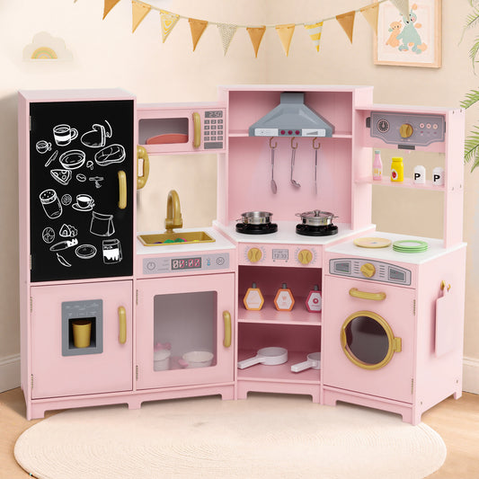 Corner Wooden Play Kitchen with Lights and Sounds Large Pretend Play Kitchen Set, Pink Play Kitchen Sets Pink at Gallery Canada