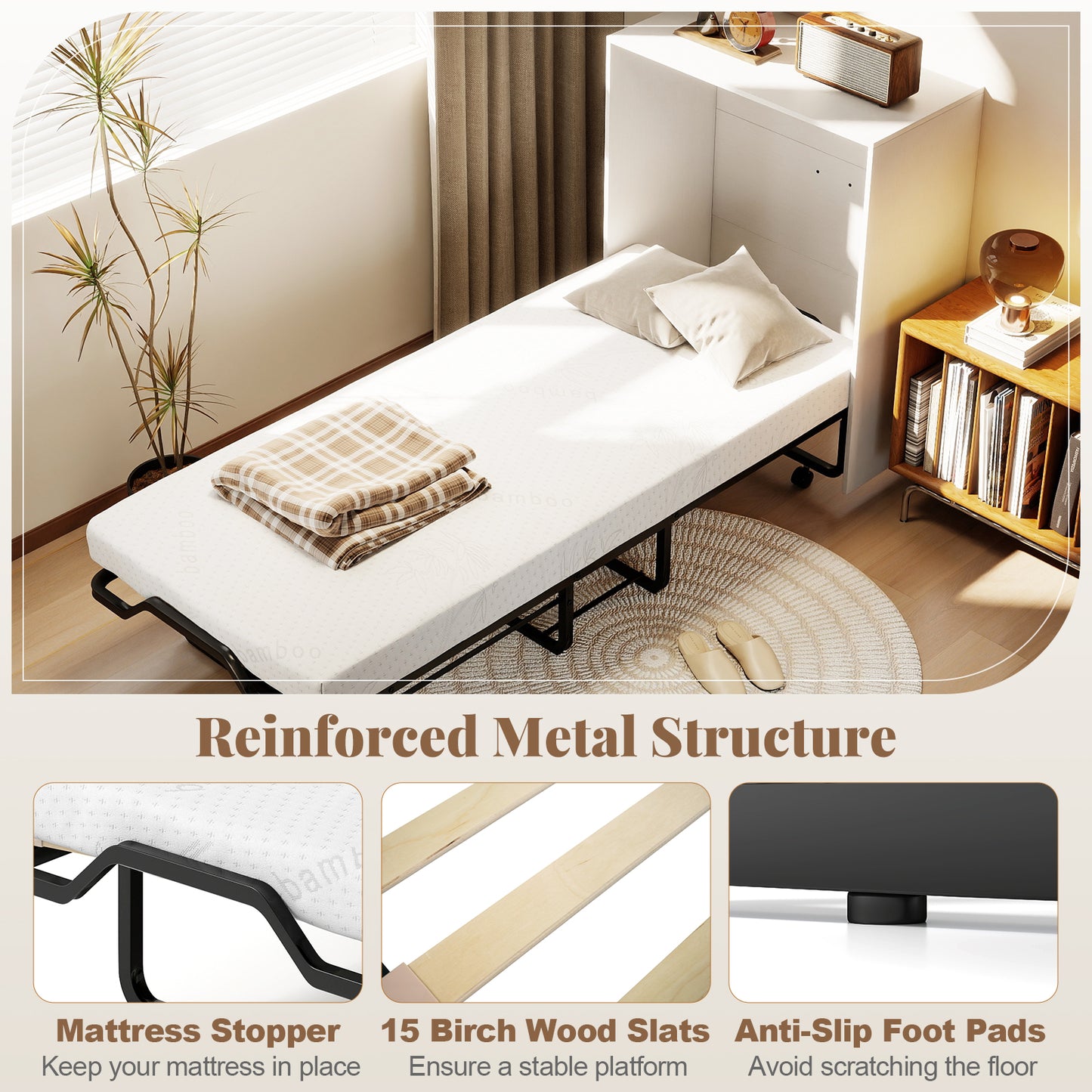 Cot Size Murphy Bed with Foldable Bed and Lockable Wheels, White Folding Beds at Gallery Canada