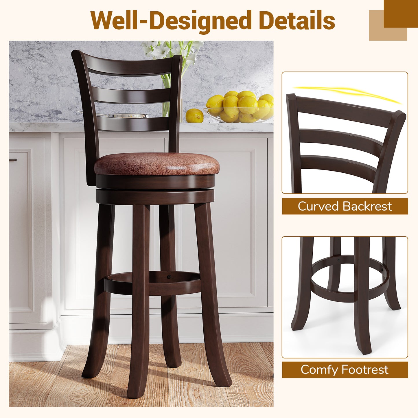 Counter Height Swivel Barstools Set of 2 with Faux Leather Seat and Wrap-around Footrest-29 Bar Stools at Gallery Canada