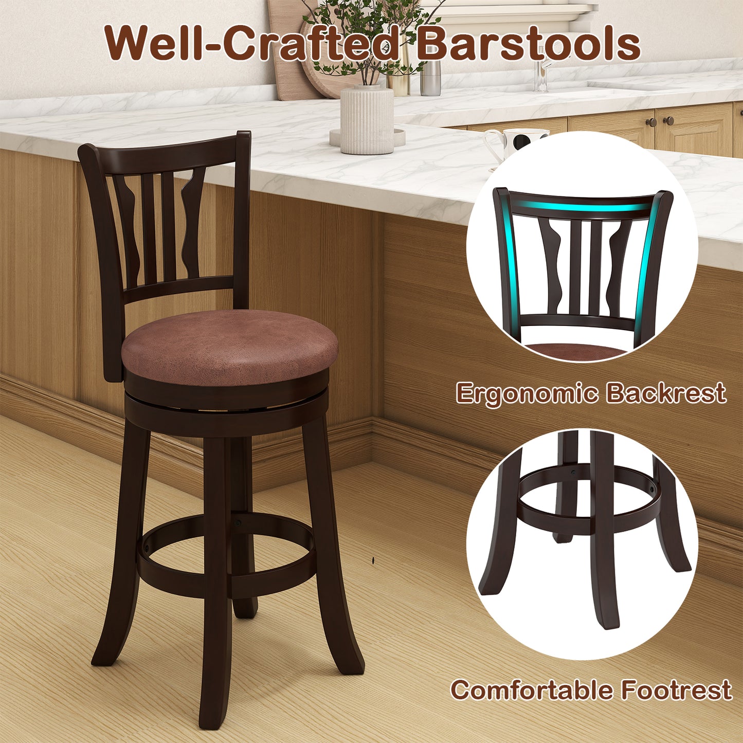 Counter Height Swivel Bar Stools Set of 2 with Back and Solid Rubber Frame-24 Bar Stools at Gallery Canada