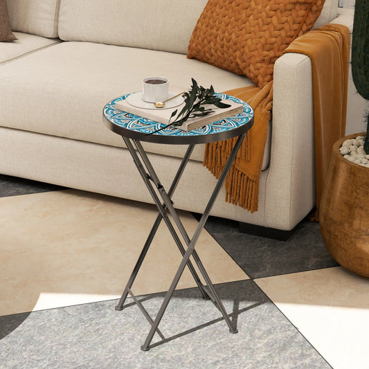 Mosaic Outdoor Patio Side Table, 14" Round, Steel Frame, Blue Patio Side Tables Blue, White, Black at Gallery Canada