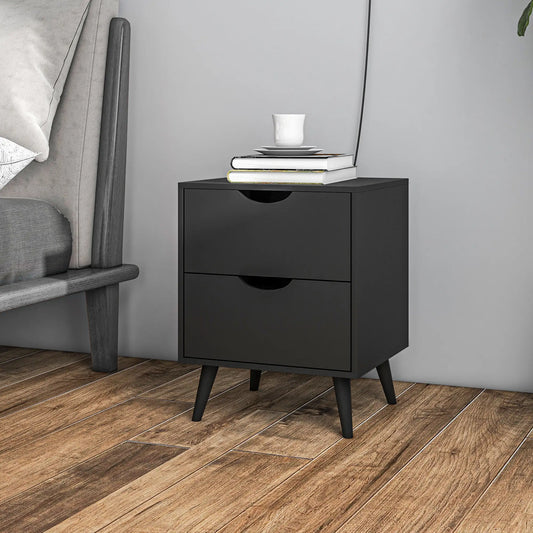 Modern Bedside Table, Nightstand with 2 Drawers, Pine Wood Legs, Black Bedside Tables Black at Gallery Canada