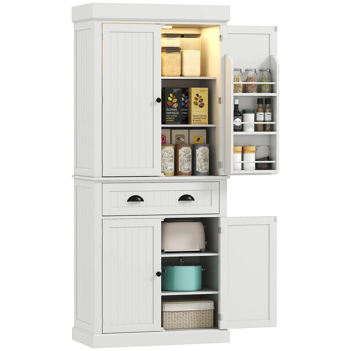 71" Kitchen Pantry Cabinet, LED Lights, 6 Spice Racks, Drawer, 4 Shelves, White Kitchen Pantry Cabinets at Gallery Canada
