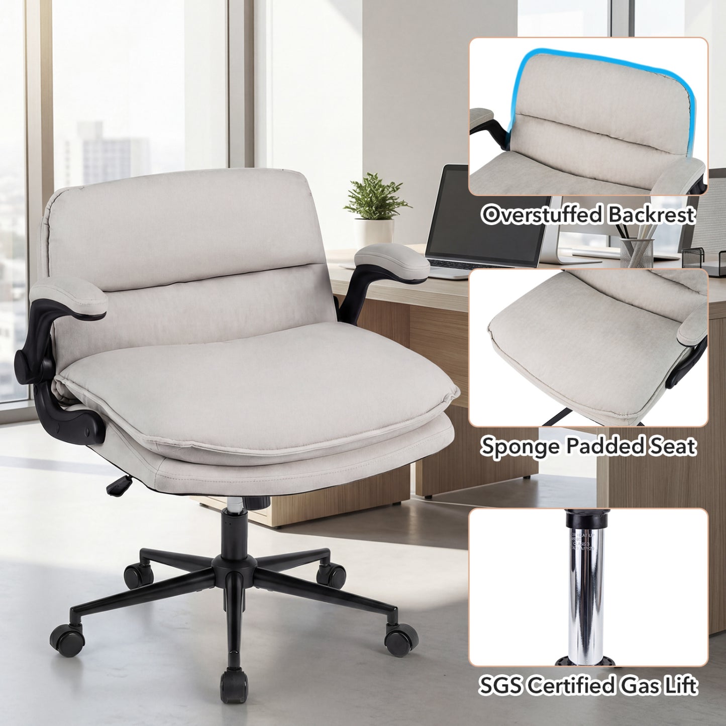 Criss Cross Chair With Wheels, Flip-Up Arms, Adjustable Height, Beige Ergonomic Chairs at Gallery Canada