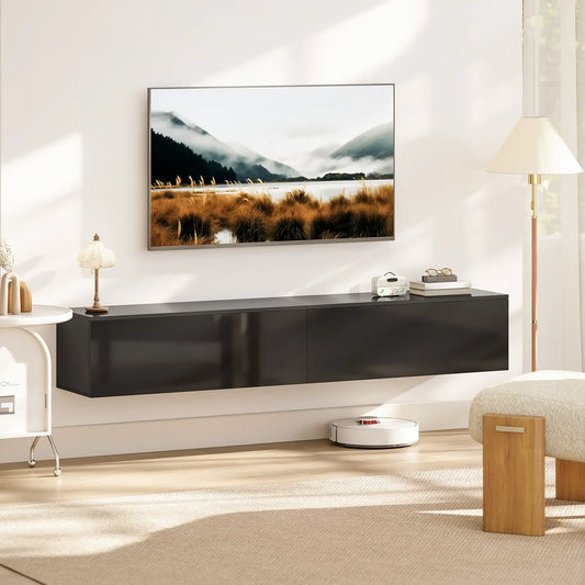 Floating TV Stand For 75 Inch TVs, 70.9 Inch Cabinet, High Gloss, Black TV Stands High Gloss Black at Gallery Canada