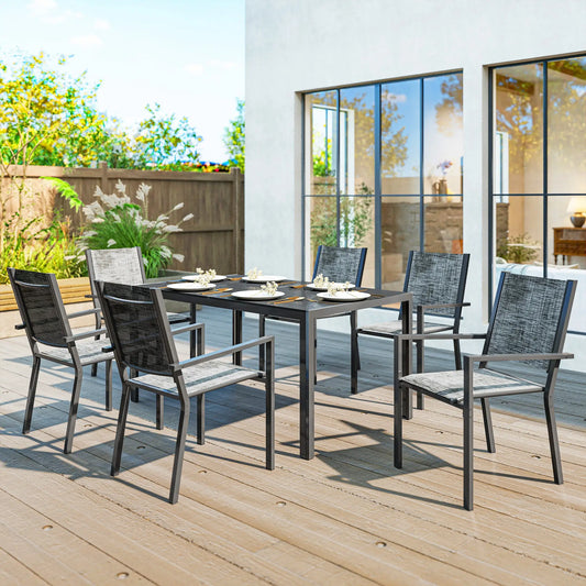 7-Piece Outdoor Dining Set, 6 Stackable Chairs, Rectangle Table, WPC Slatted Top Outdoor Dining Sets Grey, Black, Mixed-Grey at Gallery Canada