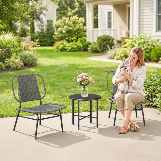 3 Piece Wicker Patio Set, Steel Table, Rattan Outdoor Furniture, Grey Bistro Sets Grey at Gallery Canada