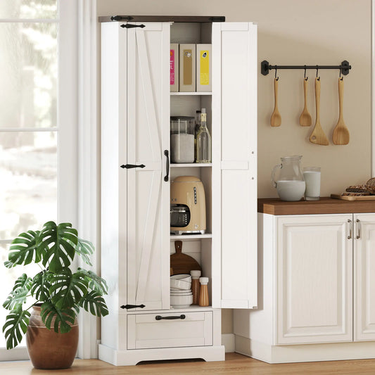71" Pantry Cabinet, Adjustable Shelves, 2 Doors, Drawer, White Kitchen Pantry Cabinets White, Oak at Gallery Canada