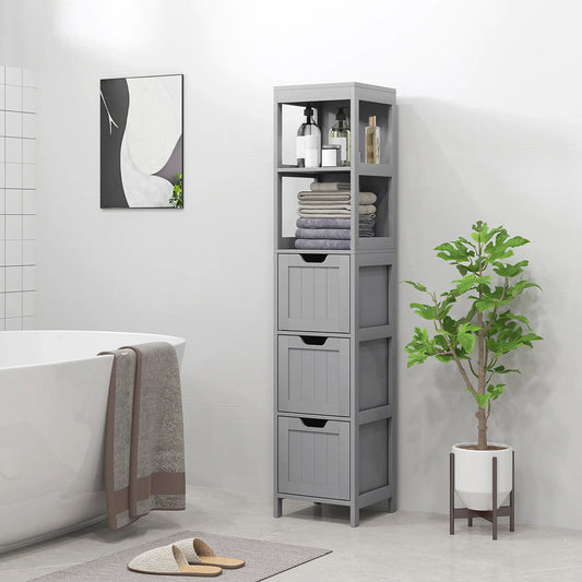 Narrow Bathroom Cabinet, 3 Drawers, 2 Tier Shelf, Tall Cupboard, Grey Bathroom Cabinets Grey at Gallery Canada