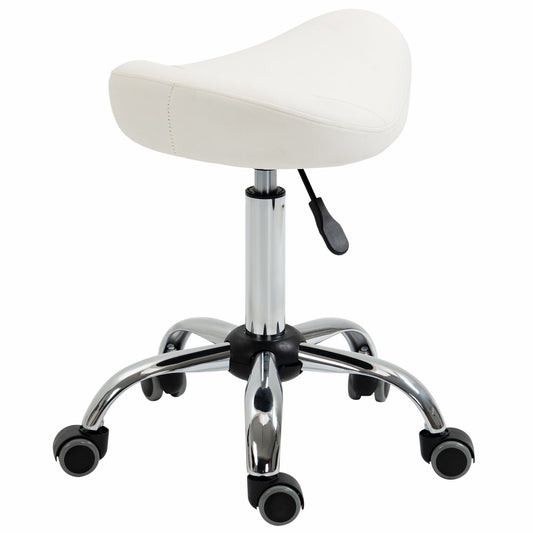 Saddle Stool, Height Adjustable Rolling Salon Chair with PU Leather for Massage, Spa, Clinic, Beauty and Tattoo, White - Gallery Canada