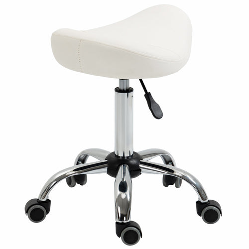 Saddle Stool, Height Adjustable Rolling Salon Chair with PU Leather for Massage, Spa, Clinic, Beauty and Tattoo, White