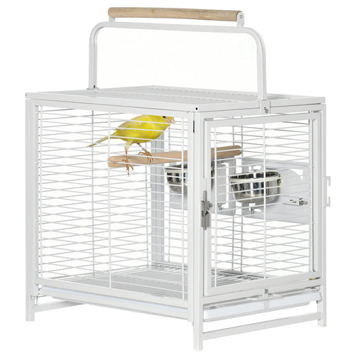 Bird Travel Carrier Cage for Parrots Conures African Grey Cockatiel Parakeets with Stand Perch, Stainless Steel Bowls, Pull Out Tray, White