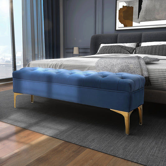 Upholstered End of Bed Bench, Button Tufted, 36 Inches, Blue Storage Ottomans & Benches Blue at Gallery Canada