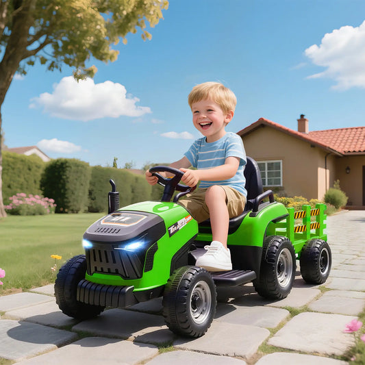 12V Kids Ride On Tractor with Trailer, Remote Control, Green Toy Excavators Green at Gallery Canada