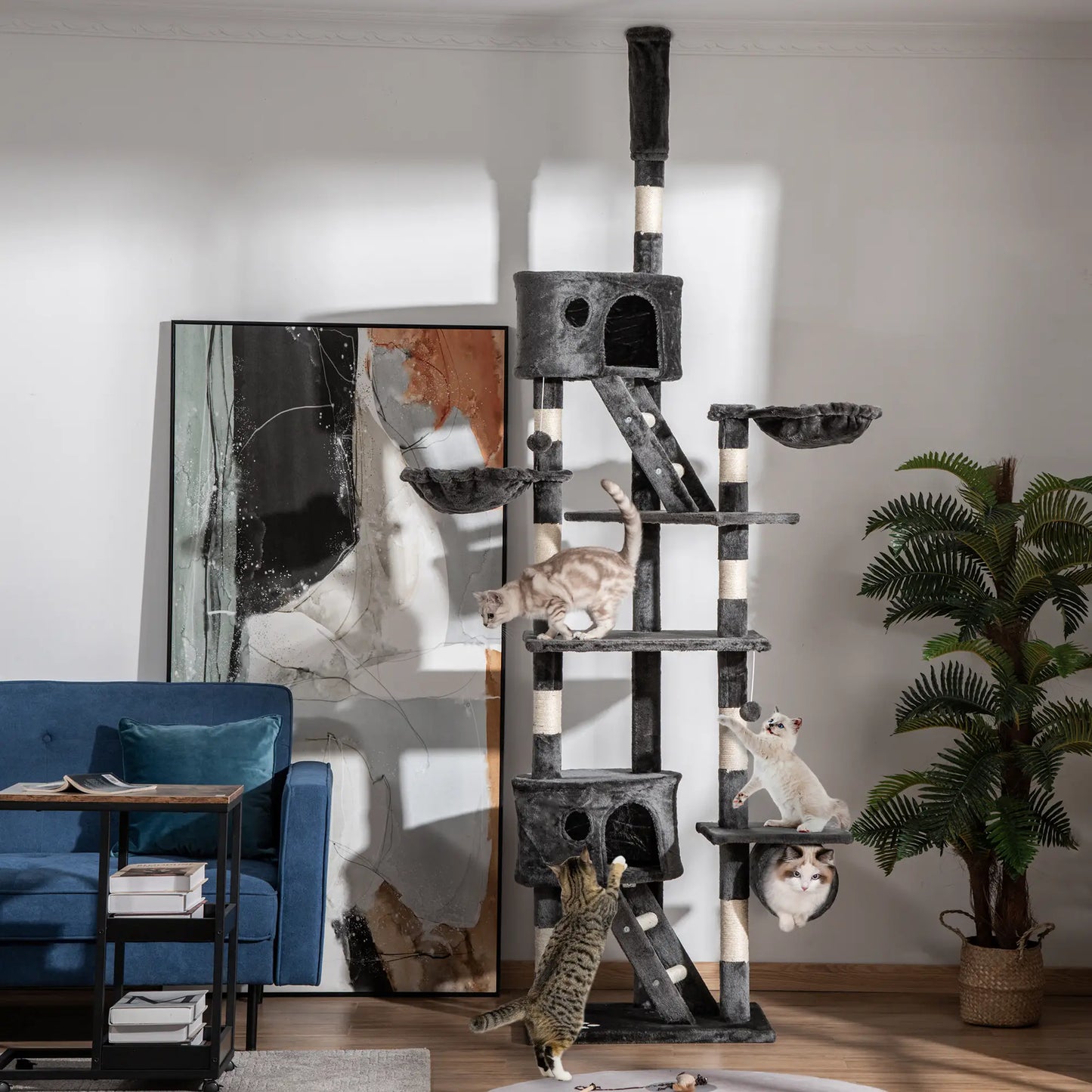94"-102" Cat Tree, Floor to Ceiling, Multi-Level Play House, Dark Grey Floor to Ceiling Cat Trees at Gallery Canada