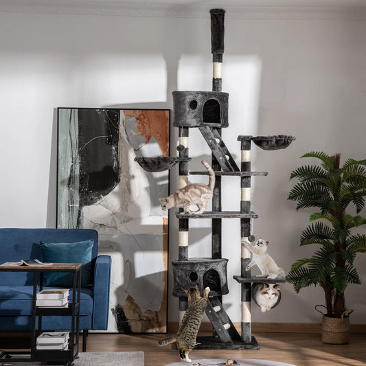 94"-102" Cat Tree, Floor to Ceiling, Multi-Level Play House, Dark Grey