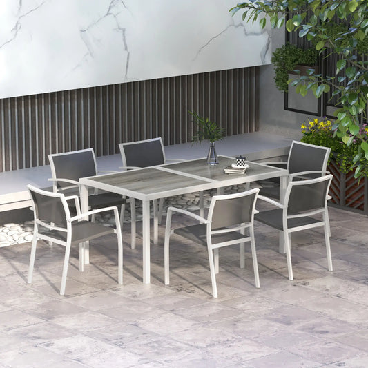 7 Pieces Outdoor Dining Set with 6 Stackable Chairs, Patio Table and Chairs with Plastic Top, Breathable Mesh Seat Back