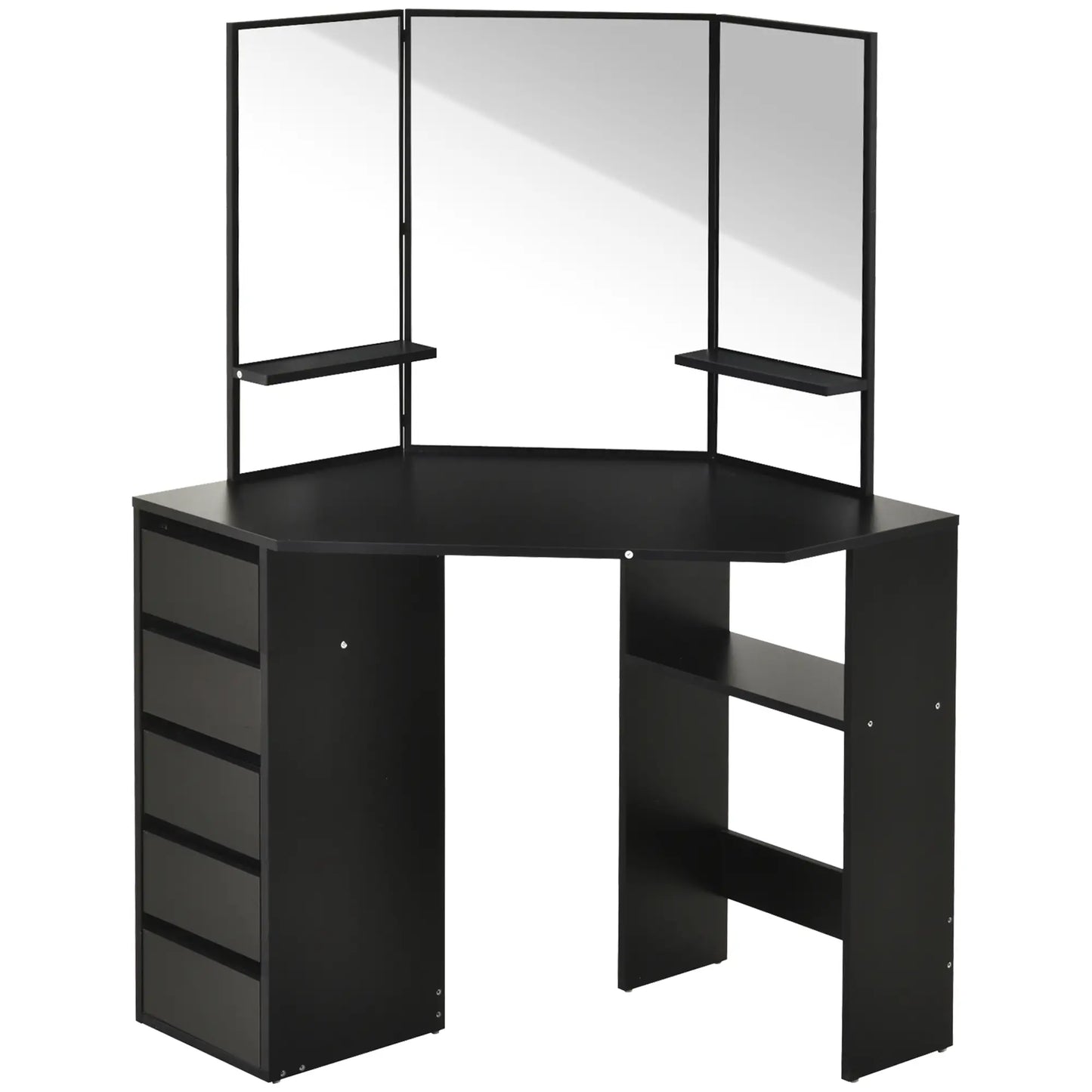 Corner Vanity Desk with Mirror, 5 Drawers, 3-Piece Mirror, Black