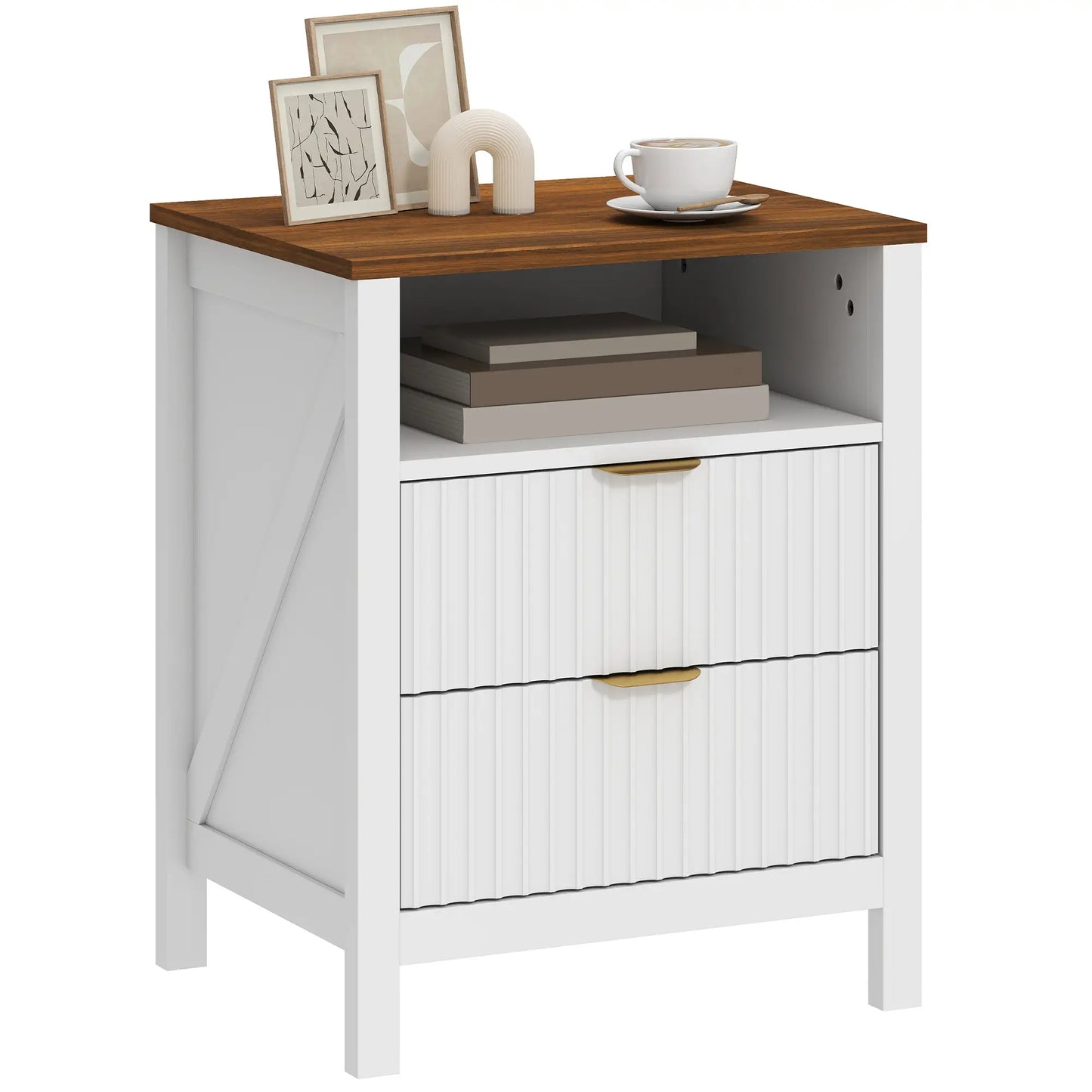 Nightstand With 2 Fluted Drawers, Open Shelf, Anti-Tipping, White Walnut, White Walnut