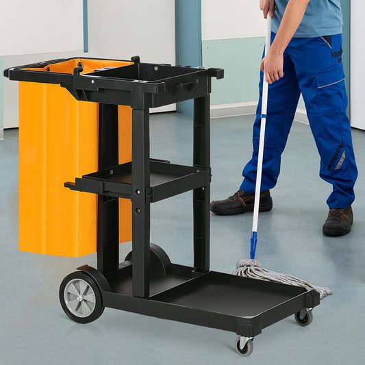 Janitorial Cart With 3 Shelves, Cleaning Cart On Wheels, Black Household Supplies Black, Yellow, Grey at Gallery Canada