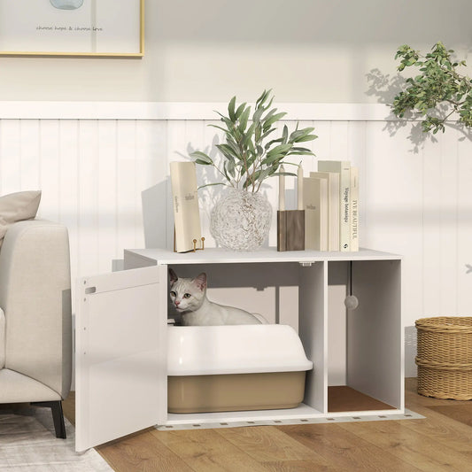 Cat Litter Box Enclosure, End Side Table with Rattan Door, Scratching Pad, White Cat Litter Box Enclosures White at Gallery Canada