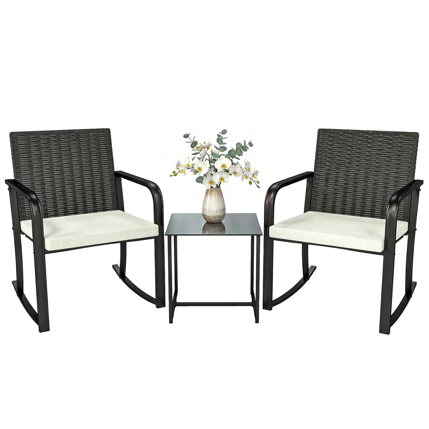 3 Piece Rocking Bistro Set, Glass Coffee Table, Cream White Bistro Sets at Gallery Canada