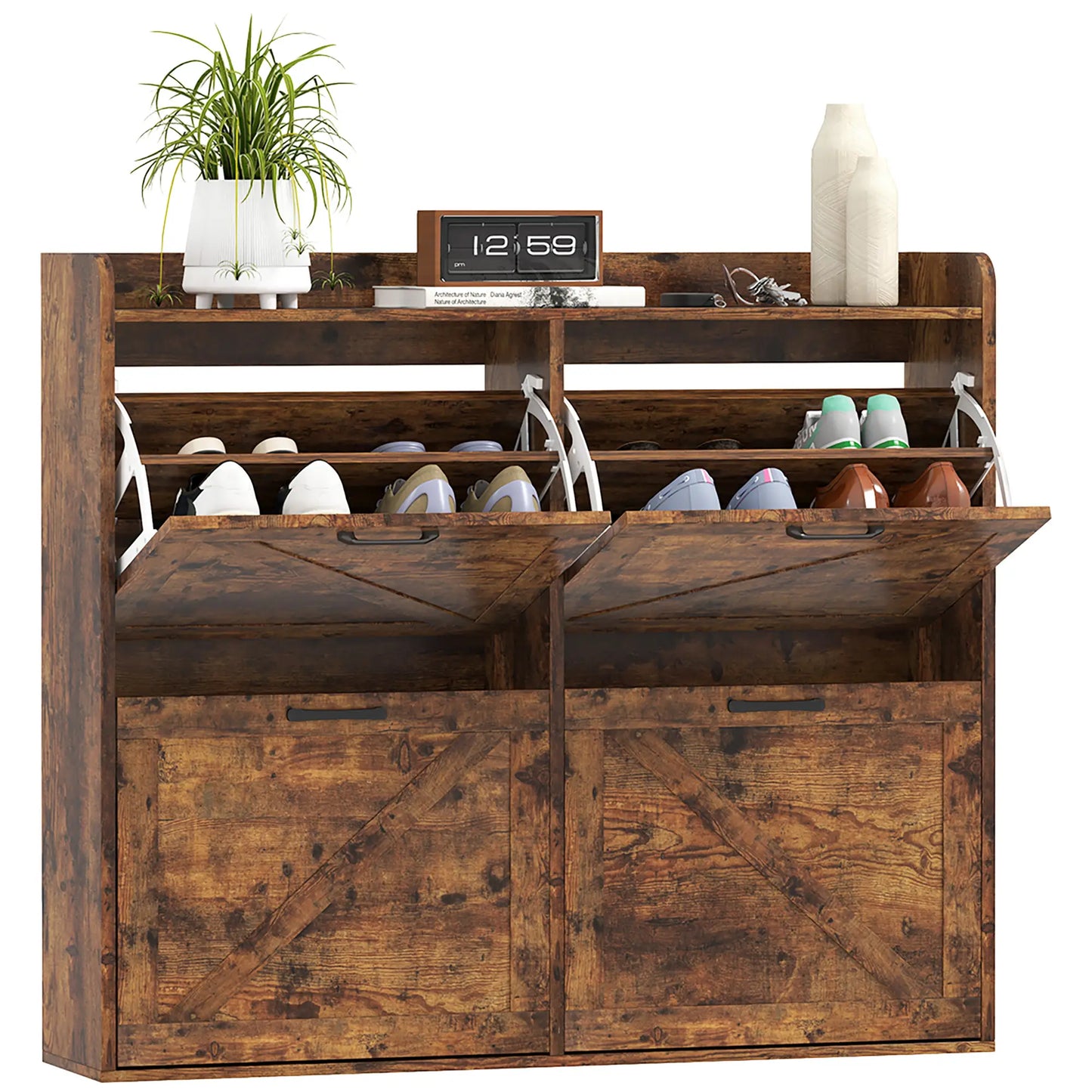 Narrow Shoe Storage Cabinet, 4 Flip Drawers, Adjustable Shelves, 16 Pair, Rustic Brown Shoe Storage Cabinets & Racks at Gallery Canada