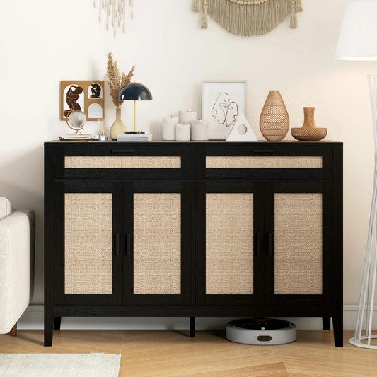 Boho Kitchen Sideboard Cabinet, Rattan Doors, Dining Room, Black Storage Cabinets Black at Gallery Canada