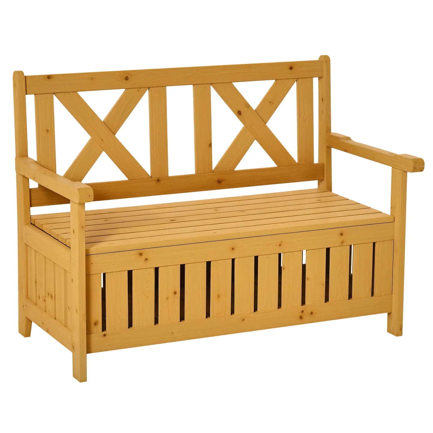 Wooden Outdoor Storage Bench, 2-Person Patio Bench, Louvered Side Panels, X-Shape Back, Yellow Patio Chairs at Gallery Canada