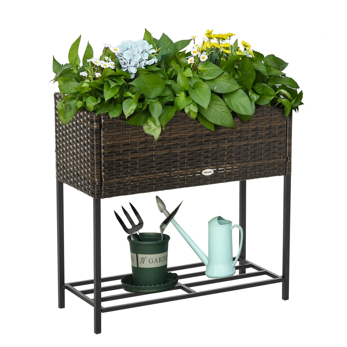 Rattan Raised Garden Box, Elevated Flower Bed with Shelf, Brown Plant Stands at Gallery Canada