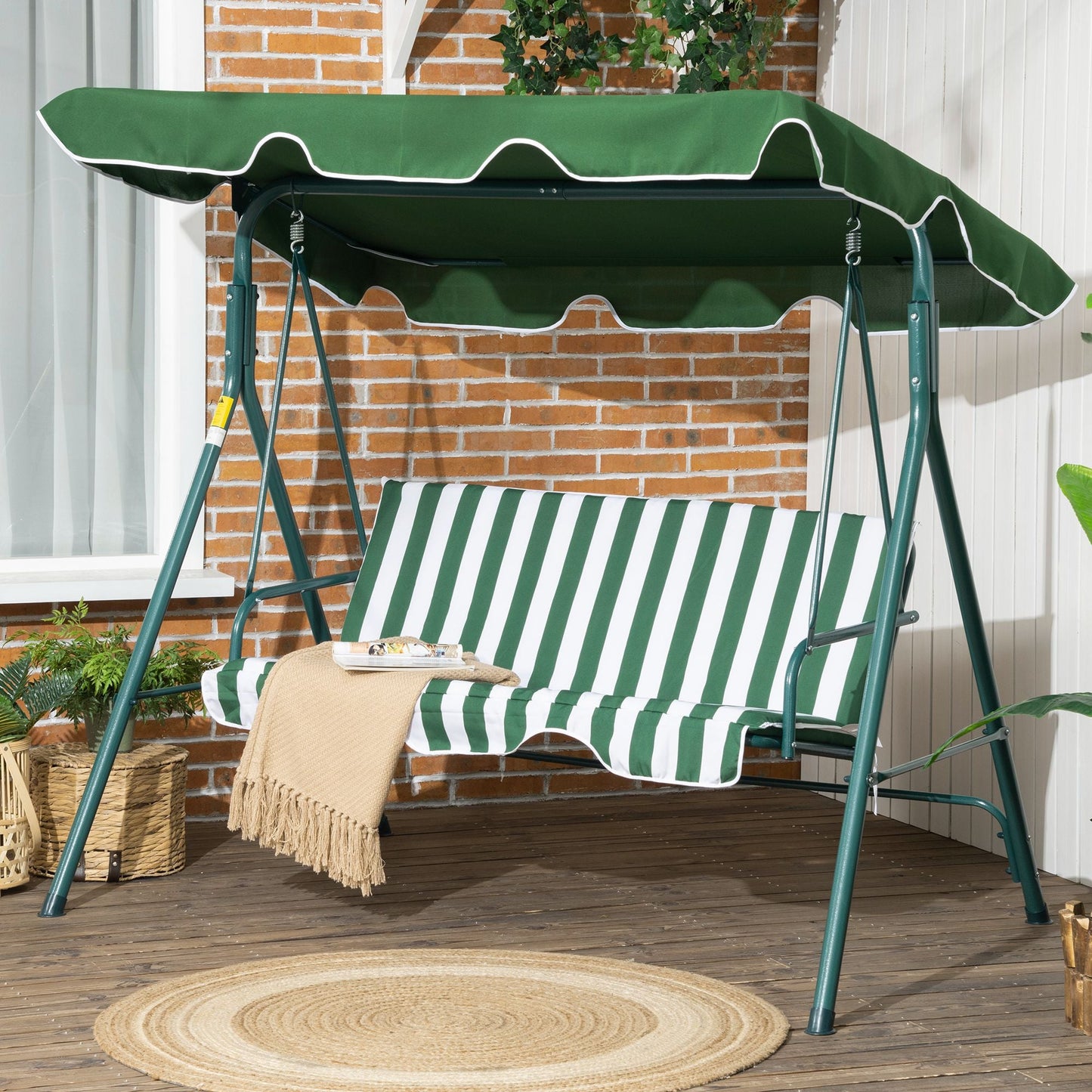 3-Seater Outdoor Porch Swing with Adjustable Canopy, Patio Swing Chair for Garden, Poolside, Backyard, Green and White at Gallery Canada