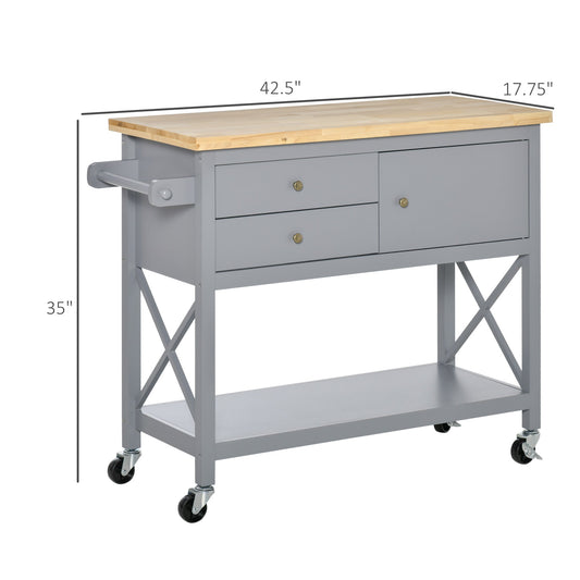 Utility Kitchen Cart Rolling Kitchen Island Storage Trolley with Rubberwood Top, 2 Drawers, Towel Rack, Gray at Gallery Canada